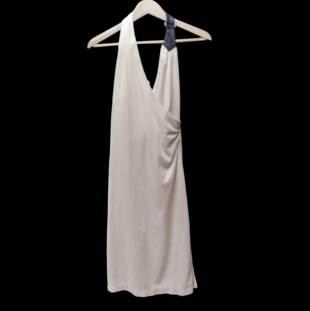 BCBGMaxAzria Cream Ruched Tie Front Halter Dress